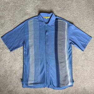 Silversilk Linen/Silk Blend Cuban Resort Shirt Large Blue Striped Short Sleeve